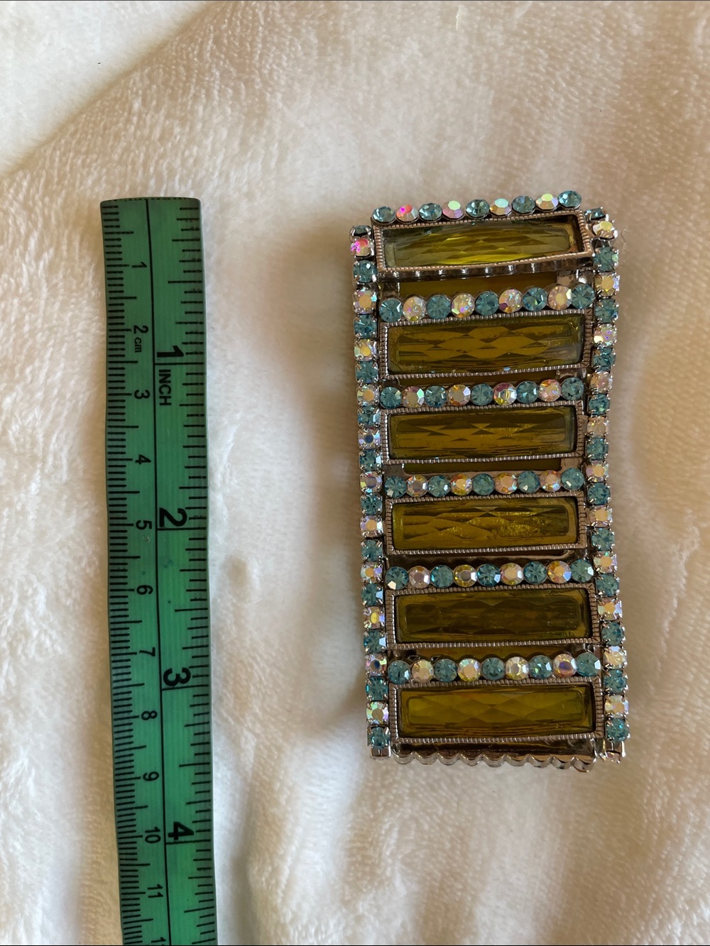 JCChina Iridescent Rhinestones Silver Wide Green Panel Stretch Bracelet Crystals - Picture 7 of 11